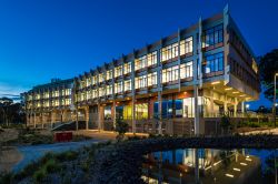 Exterior of Agribio building at night