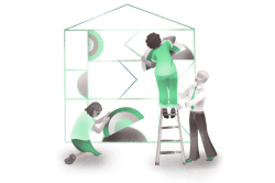 A graphic image of people building a house with rainbows team ladder