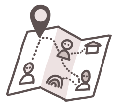 A graphic line drawing of a pamphlet with dotted lines between a house, a rainbow and several people, with a destination icon. 