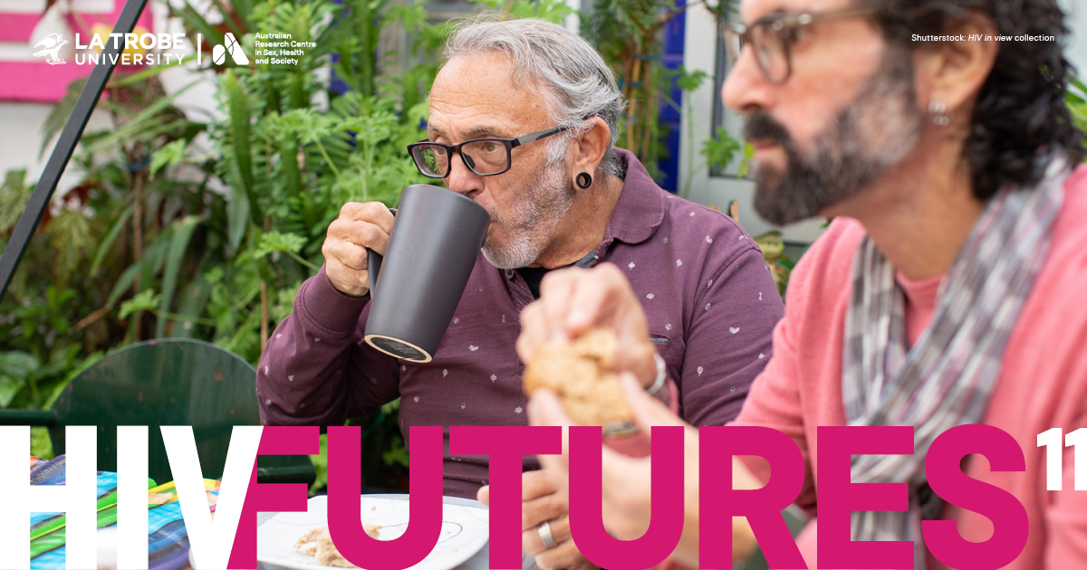 Two older men eating brunch at a garden table, with text 'HIV FUTURES 11'