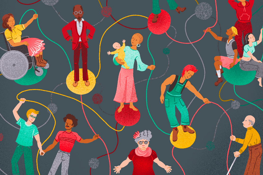 A graphic image of various community members wearing colourful clothes and interlinked with lines and dots