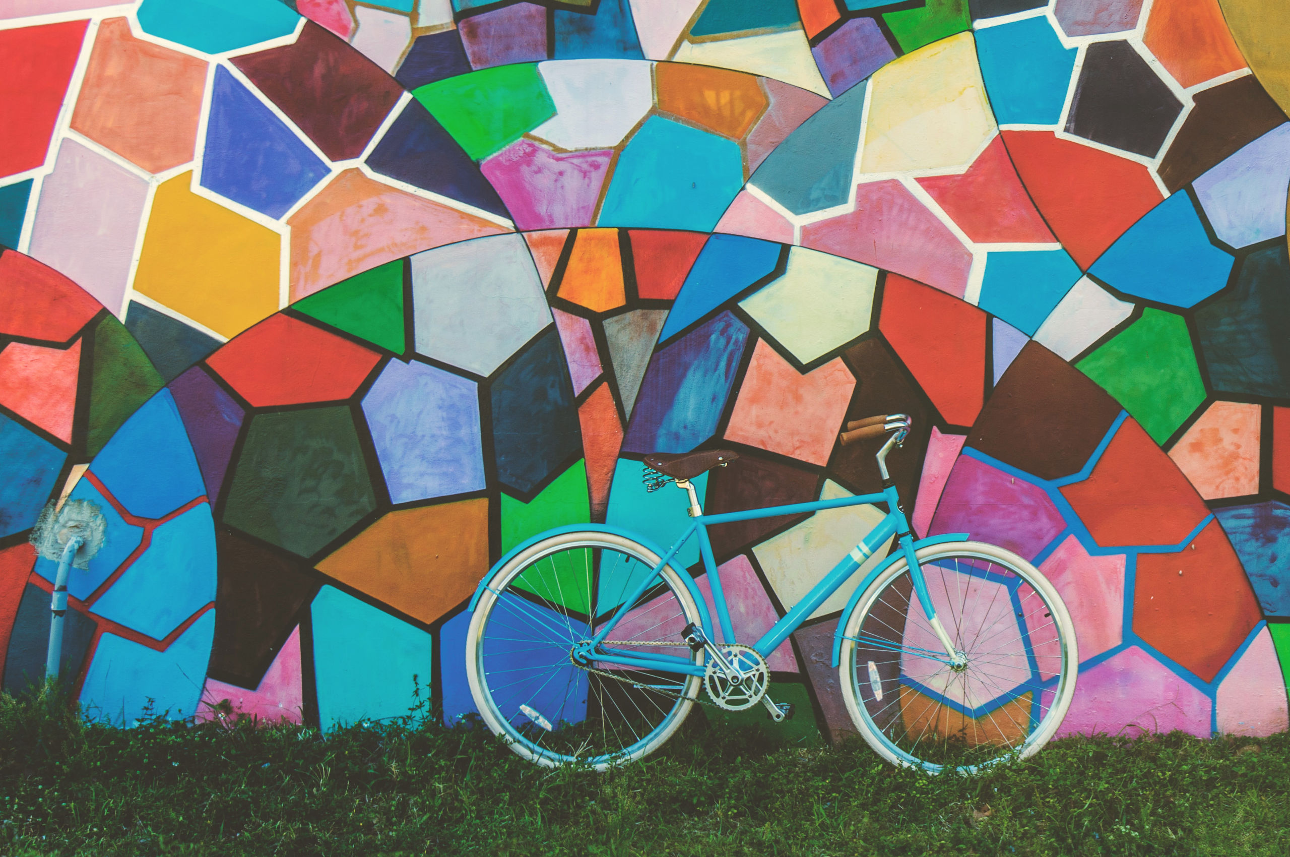 ARCSHS Annual Report 2020 Blue bicycle on grass leaning against a colourful mural wall in a mosaic design