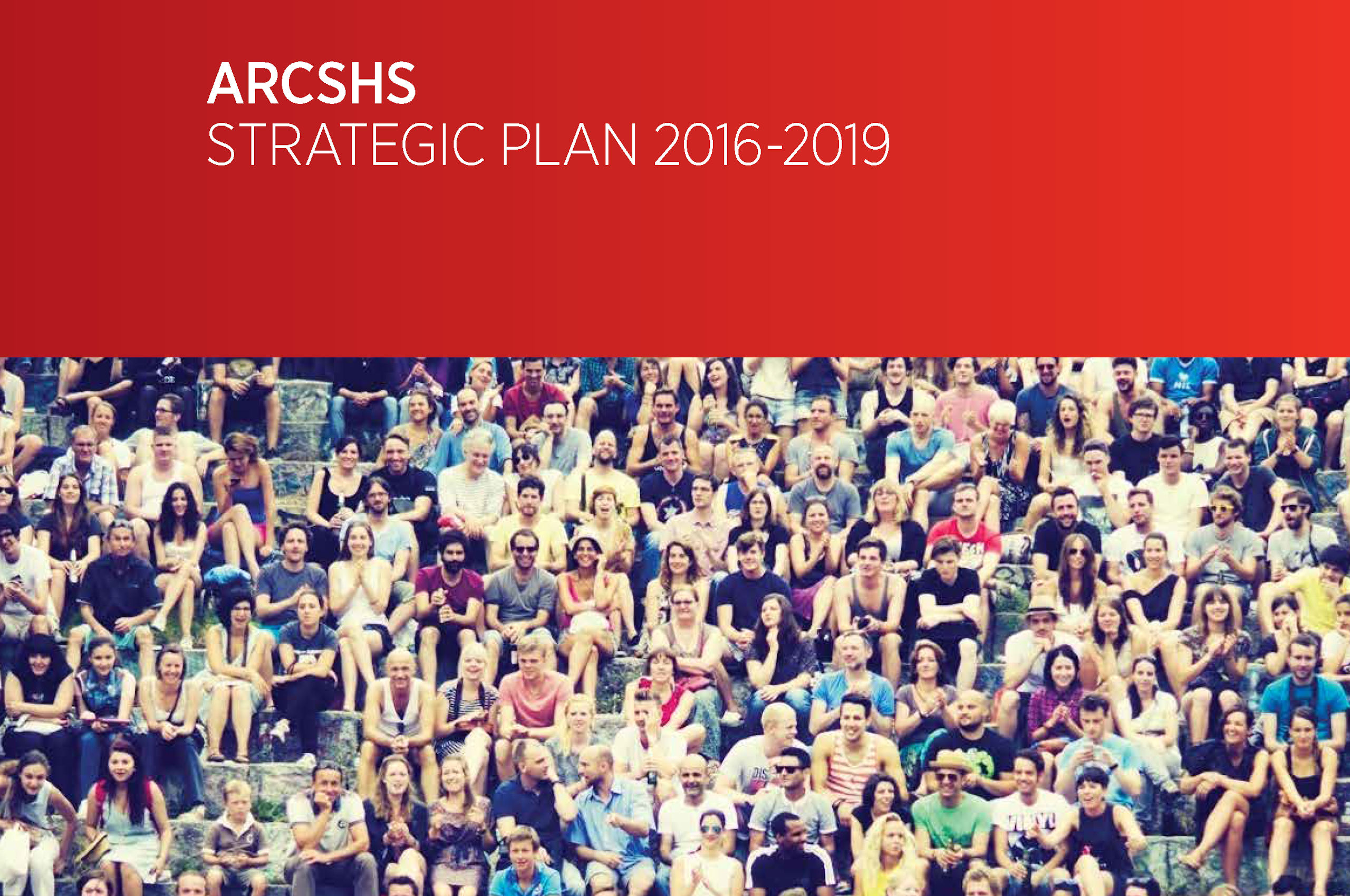 ARCSHS Strategic Plan 2016-2019 Crowd of people in colourful clothes sitting on concrete bench seating in an outdoor auditorium