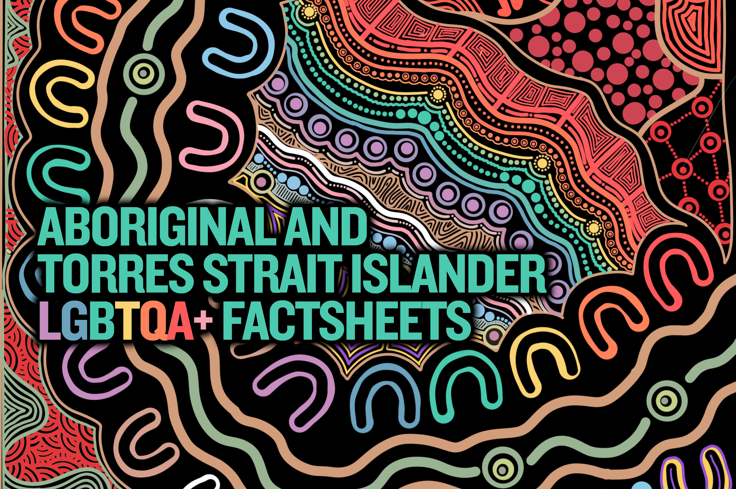 Aboriginal and Torres Strait Islander LGBTQA+ factsheets Detail of artwork Ngutan Dunguludja Mulana Woka ‘Many strong spirits in country’ by Georgia, with text 'Aboriginal and Torres Strait Islander LGBTQA+ factsheets