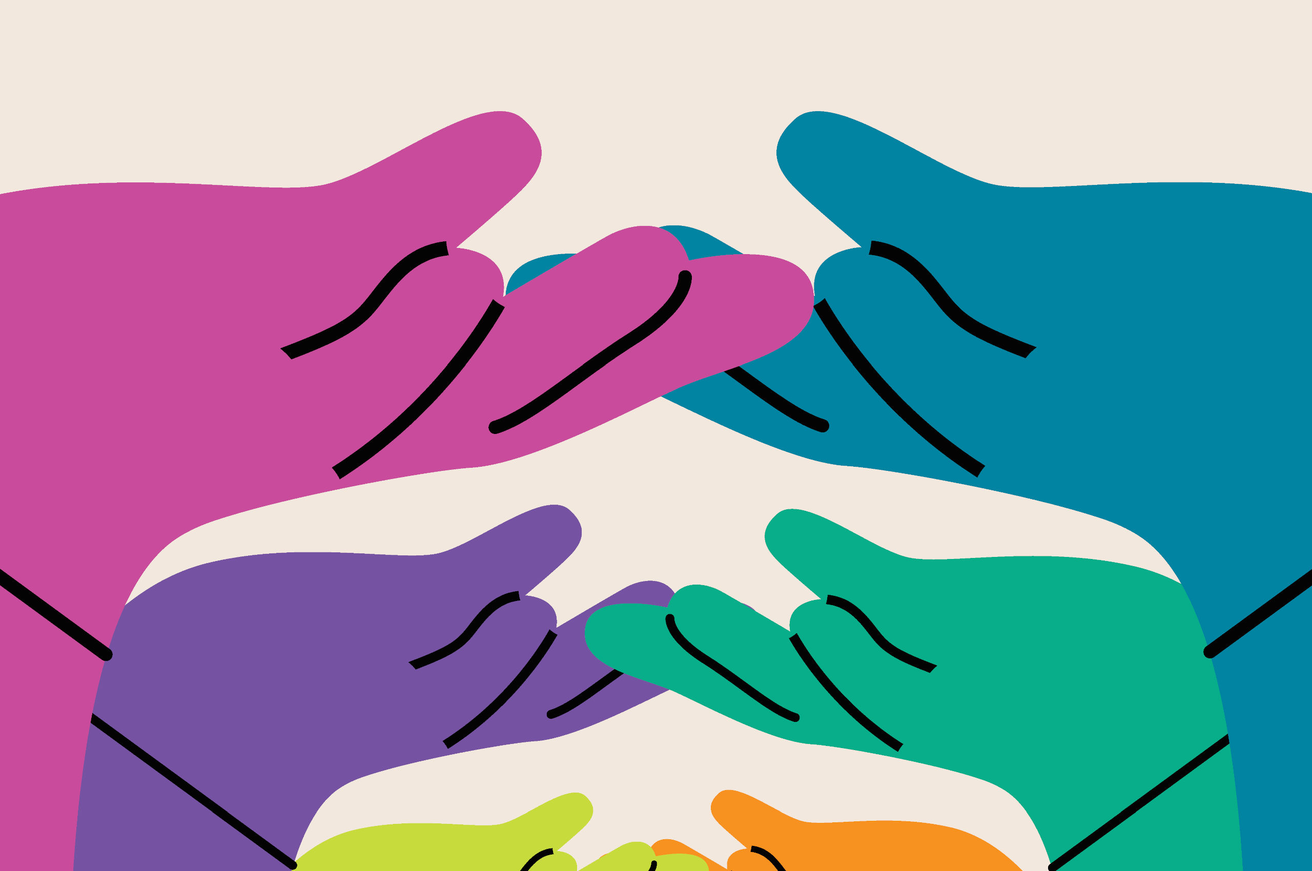 Beyond 'The Talk': Supporting parents and carers to speak with children about sex, relationships and consent Front cover of 'Beyond 'The Talk': Supporting parents and carers to speak with children about sex, relationships and consent', with the title, author names and a design of eight large colourful cartoon hands held up in a supportive position