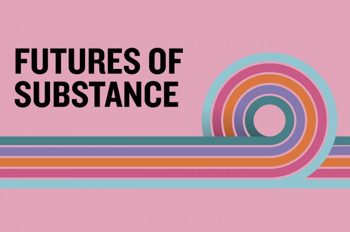 Five parallel coloured lines doing a loop-the-loop on a pink background, with text 'Futures of Substance'