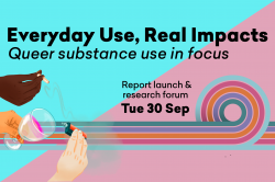 Text 'Everyday use, real impacts: Queer substance use in focus, Report launch & research forum, Tue 30 Sep' on a diagonally split pink and aqua background, with graphics of diverse hands holding alcoholic drinks, cigarettes and vapes, and a design of five parallel rainbow lines doing a loop-the-loop