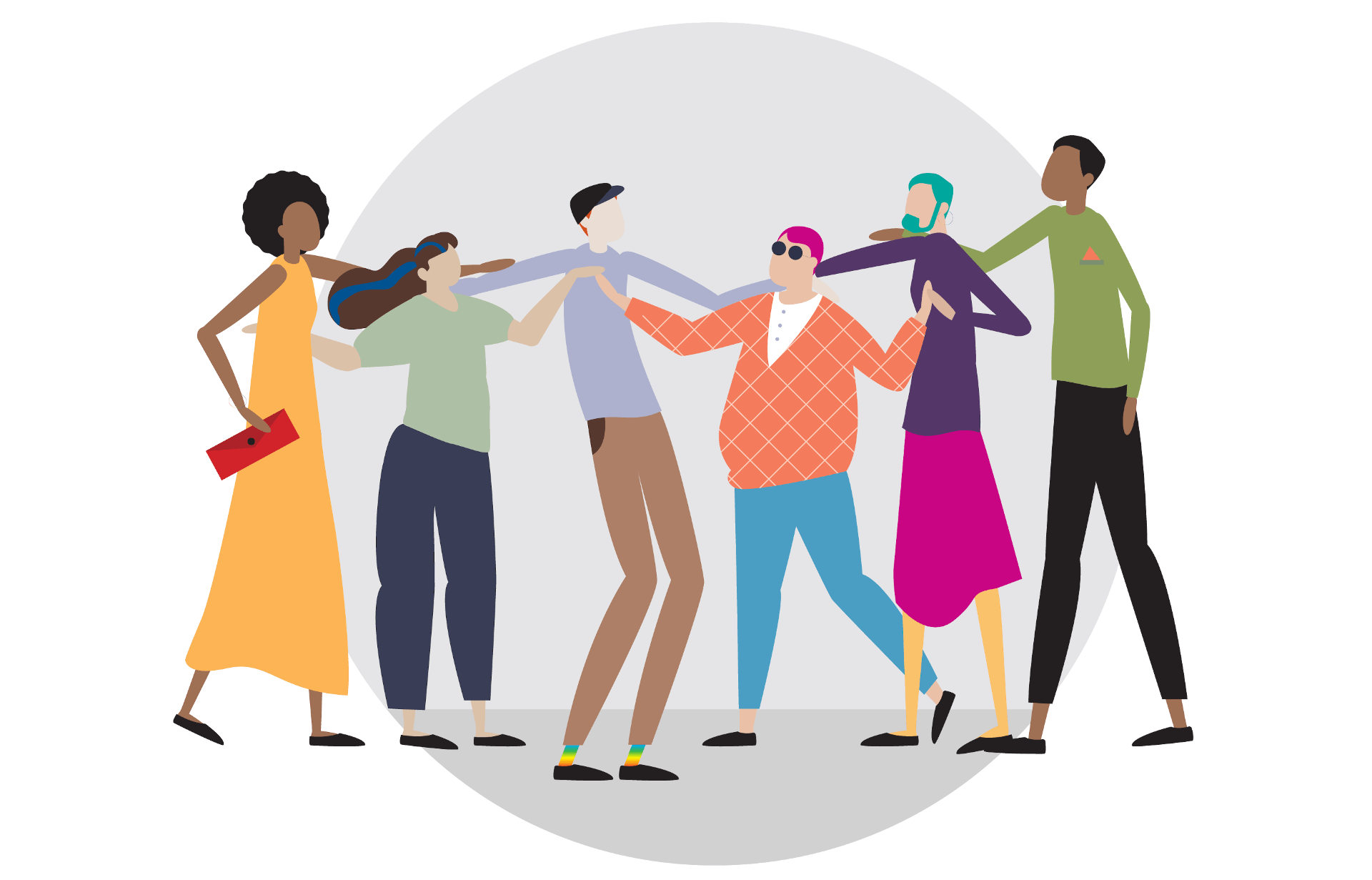 Lean on Me: Exploring suicide prevention and mental health-related peer support in Melbourne’s LGBTQ communities Cartoon design of a group of diverse people with rainbow accessories and gender-non-conforming presentation, standing in a line with their arms on each others' shoulders