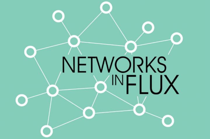 A network map of circles and lines with the text 'Networks in Flux'