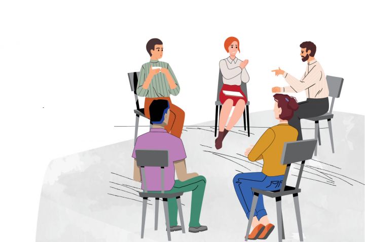 Cartoon design of a group of people sitting on chairs in a circle, talking