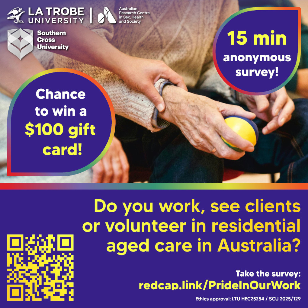 Pride in our Work social media tile Text 'Do you work, see patients or volunteer in residential aged care in Australia? 15 min anonymous survey! Take the survey: redcap.link/PrideInOurWork Ethics approval: LTU HEC25256 / SCU 2025/129