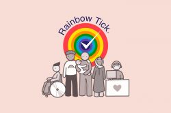 A group of diverse cartoon people standing in front of the Rainbow Tick logo, with concentric colourful circles and a white tick