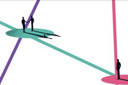 A graphic image showing two figures holding hands. They both have long shadows. Another figure stands alone. All figures are standing on coloured circles which are linked by lines.