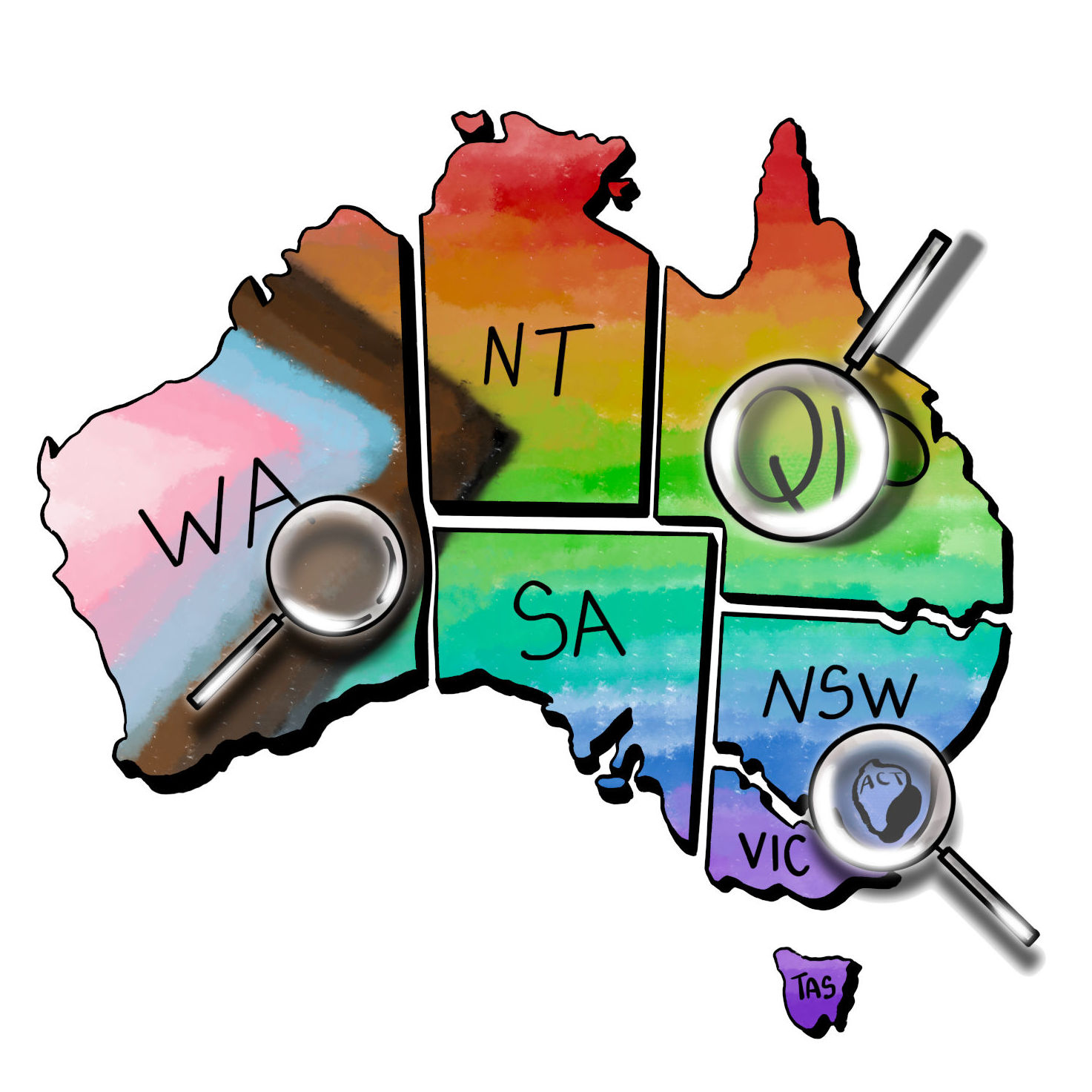 LGBTQA+ mental health and suicidality state- and territory-based briefing papers Hand-lettered map of Australia painted with the progress pride flag, with the states slightly separated and magnifiying glasses over sections of the map