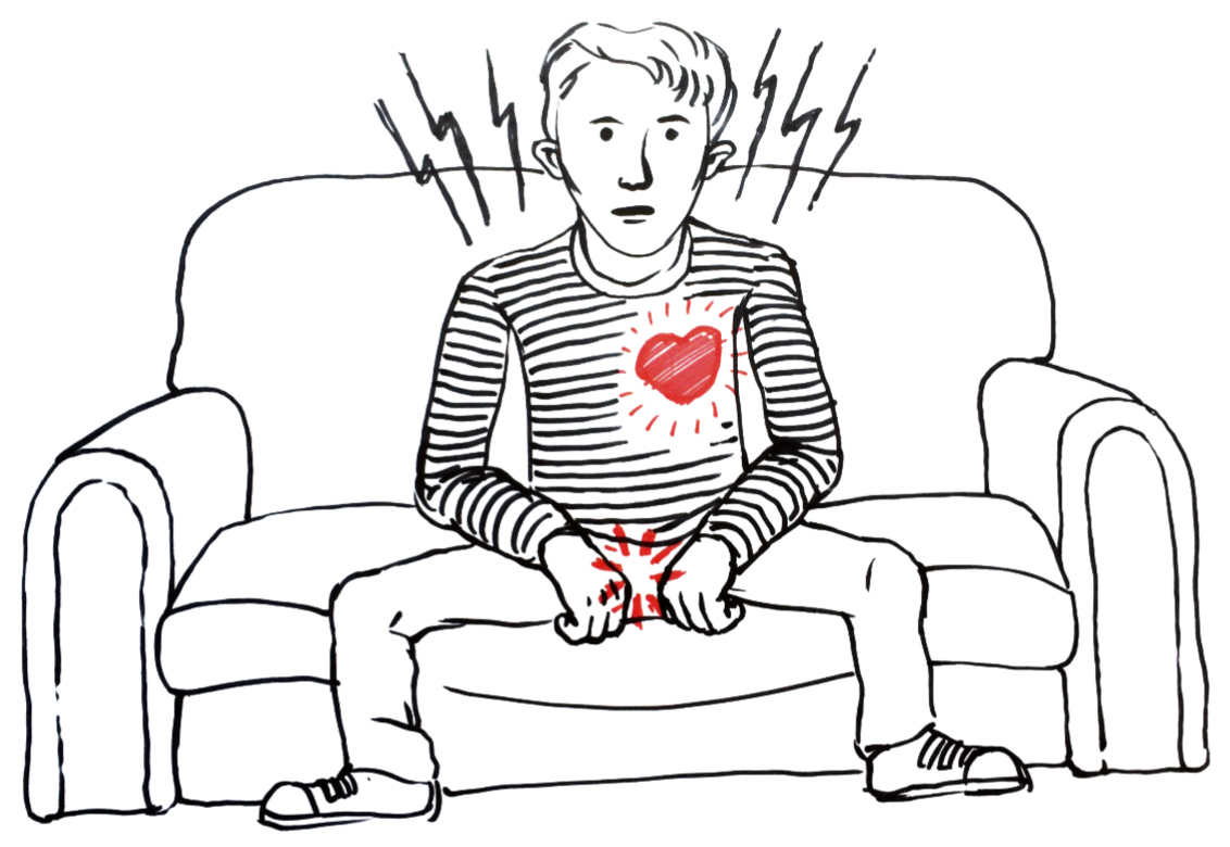 The practical guide to love, sex and relationships Line drawing of a masc person on a sofa, surrounded by lightning bolt lines, with a red star on their pants and a red heart on their chest