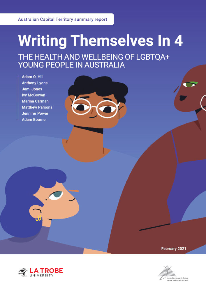 Writing Themselves In 4 Australian Capital Territory Summary Report Book cover with design of three diverse cartoon people in bright colours on a purple-blue gradient background, with text ‘Australian Capital Territory summary report: Writing Themselves In 4: The health and wellbeing of LGBTQA+ young people in Australia, by Adam O. Hill, Anthony Lyons, Jami Jones, Ivy McGowan, Marina Carman, Matthew Parsons, Jennifer Power, Adam Bourne, February 2021’ and the logos of La Trobe University and the Australian Research Centre in Sex, Health and Society