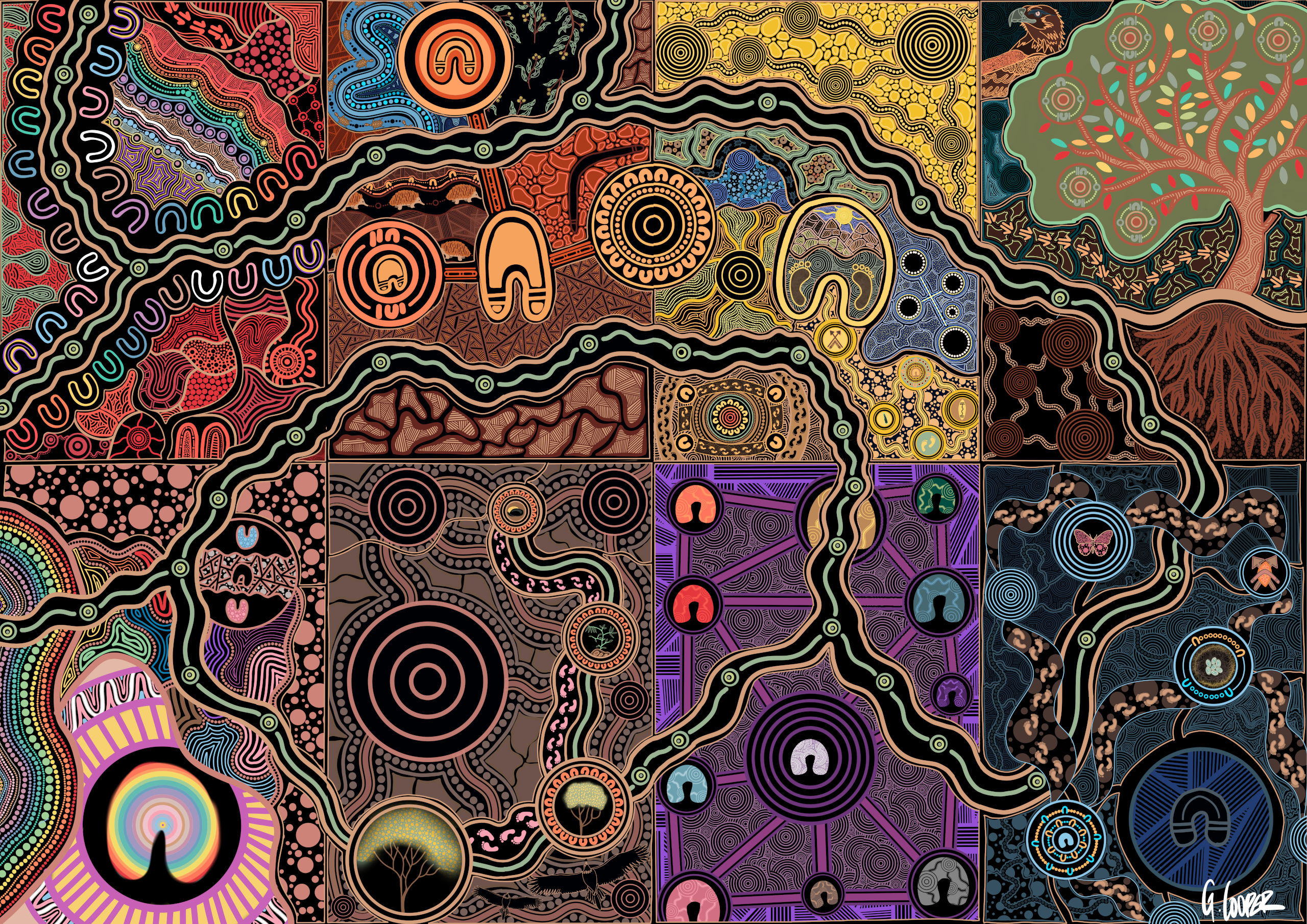 Eight-part painting by Georgia, featuring separate tiles illustrating different aspects of LGBTIQ Aboriginal and Torres Strait Islander life.