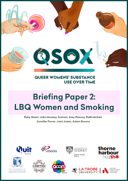 Cover of 'QSOX: Queer Women's Substance Use over Time: Briefing Paper 2 - LBQ Women and Smoking, by Ruby Grant, Julie Mooney-Somers, Amy Pennay, Ruth McNair, Jennifer Power, Jami Jones and Adam Bourne, featuring the QSOX logo with a cigarette forming the tail of the Q, a rainbow inside the O and a wine bottle crossing the X, with a design of various diverse hands holding cigarettes and alcohol, and two hands holding each other.