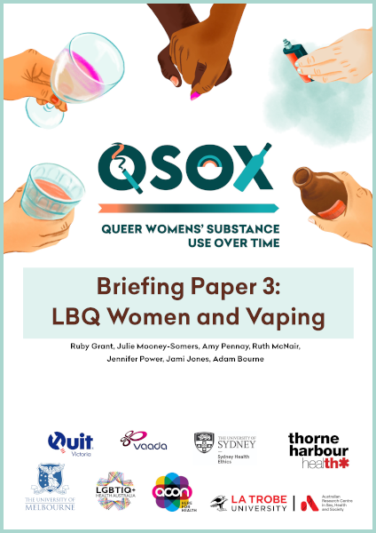 Cover of 'QSOX: Queer Women's Substance Use over Time: Briefing Paper 3 - LBQ Women and Vaping, by Ruby Grant, Julie Mooney-Somers, Amy Pennay, Ruth McNair, Jennifer Power, Jami Jones and Adam Bourne, featuring the QSOX logo with a cigarette forming the tail of the Q, a rainbow inside the O and a wine bottle crossing the X, with a design of various diverse hands holding a vape and various alcohol, and two hands holding each other.