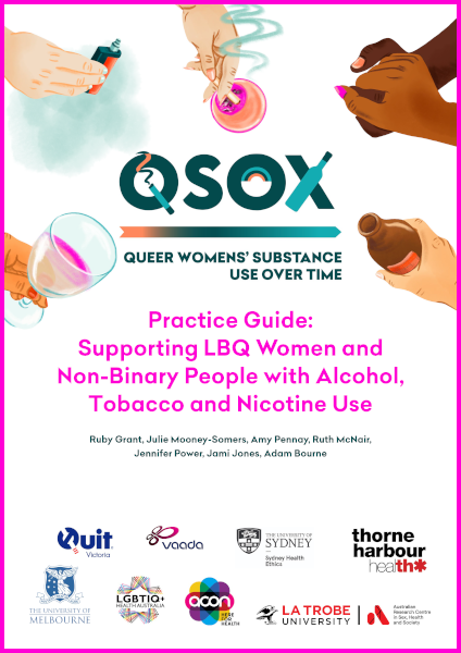 Cover of 'QSOX: Queer Women's Substance Use over Time: Practice Guide: Supporting LBQ Women and Non-Binary People with Alcohol, Tobacco and Nicotine Use, by Ruby Grant, Julie Mooney-Somers, Amy Pennay, Ruth McNair, Jennifer Power, Jami Jones and Adam Bourne, featuring the QSOX logo with a cigarette forming the tail of the Q, a rainbow inside the O and a wine bottle crossing the X, with a design of various diverse hands holding cigarettes, vapes, wine and beer, and two hands holding each other.