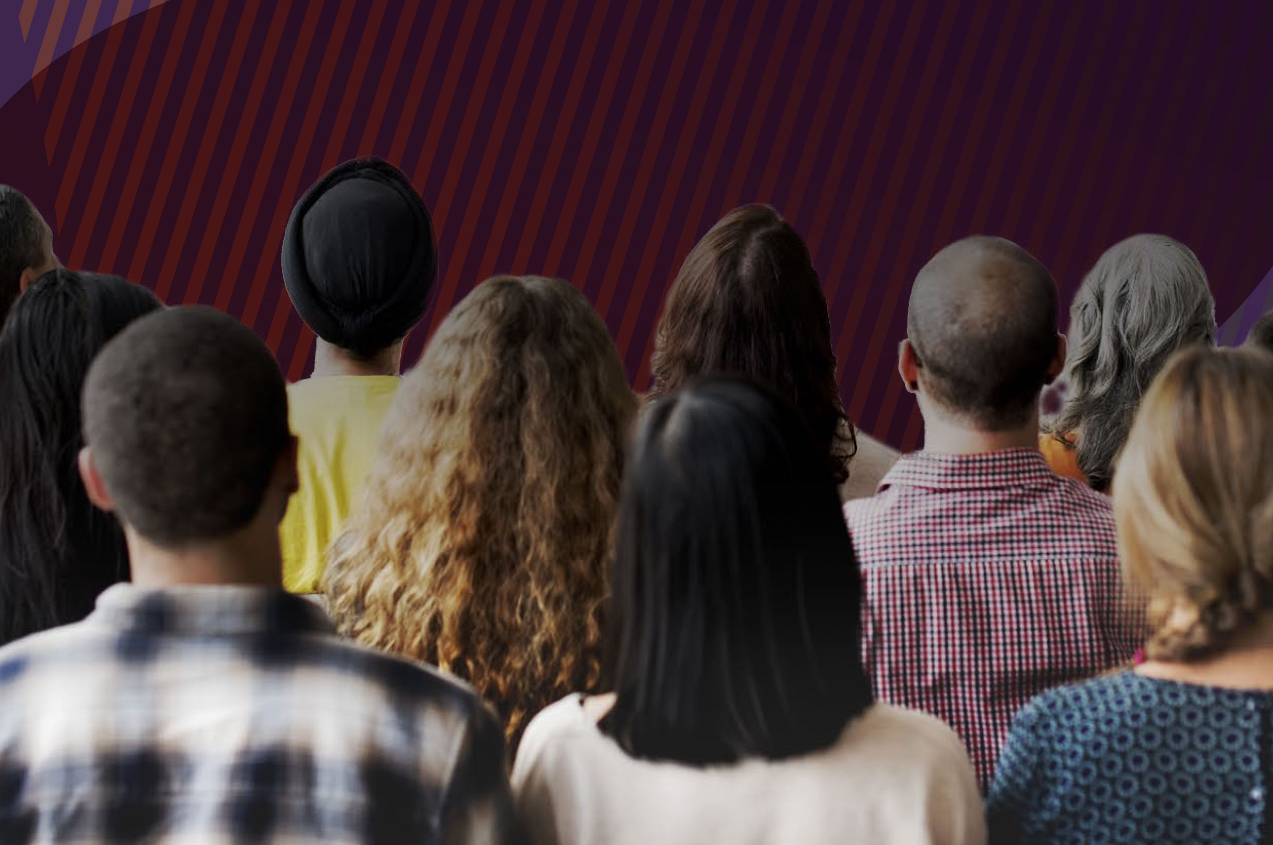 Hepatitis C related stigma and discrimination in a post-cure world - front cover Group of diverse people facing away from the camera, on a dark striped background