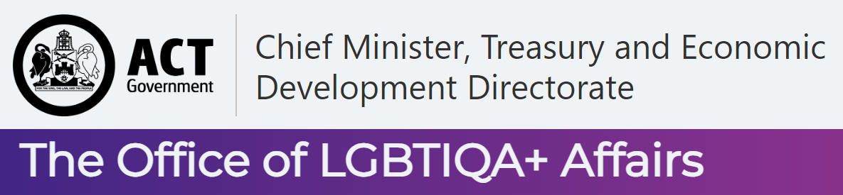 Black and white swan logo of the ACT Government, with text 'Chief Ministry, Treasury and Economic Development Directorate: The Office of LGBTIQA+ Affairs