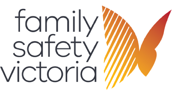 Family Safety Victoria logo Orange gradient butterfly with stripe design and the text 'family safety victoria