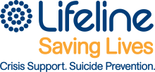 Lifeline Australia logo, featuring concentric rings of dots mimicing the holes an old-fashioned telephone receiver, with the text 'Lifeline, Saving Lives, Crisis Support. Suicide Prevention.