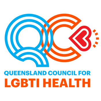 Letters QC made of sections of concentric stripes, overlapping in the centre, and with a red heart filling the gap in the C, with text 'Queensland council for LGBTI health