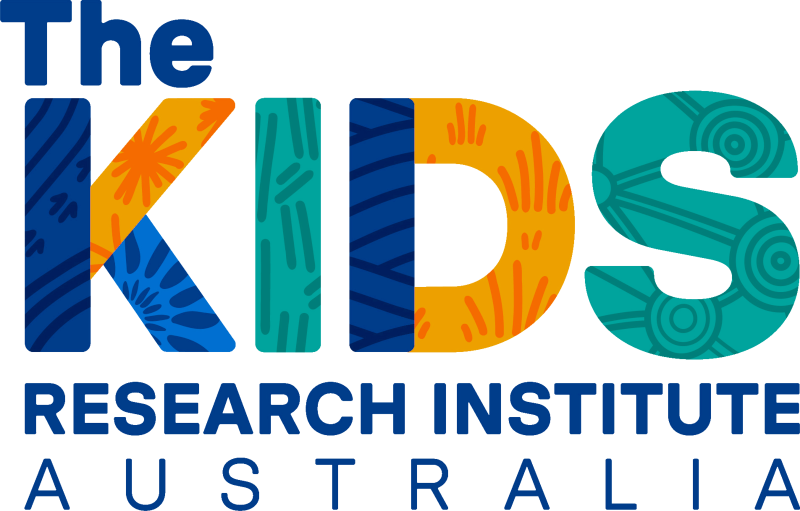 The Kids Institute logo Text 'The KIDS Research Institute Australia' with the letters 'KIDS' in multicolour sections patterned with different artworks, including Aboriginal designs