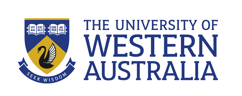 UWA logo Crest with a black swan and text 'Seek Wisdom' on a ribbon and 'Vitam excoluere per artes' on open books, with the text 'The University of Western Australia
