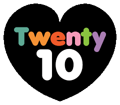 Twenty10 logo with coloured letters in a black heart shape