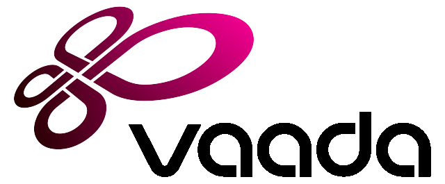 Pink gradient logo reminiscent of a decorative knot or butterfly, with text 'vaada