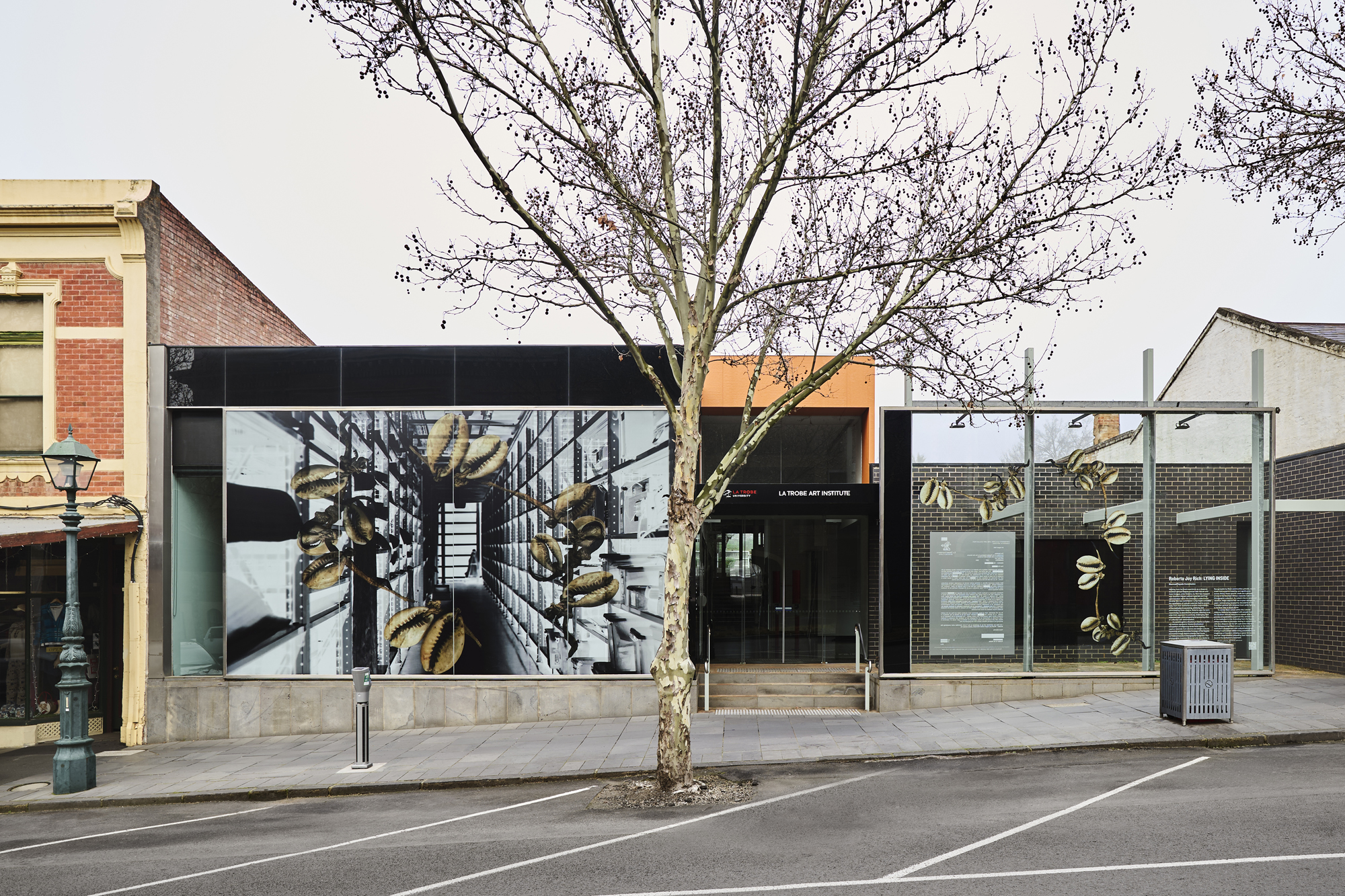 photograph of installation on glass facade of La Trobe Art Institute