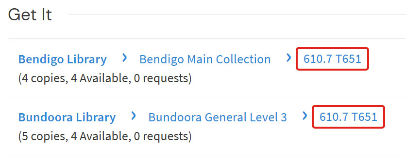 Item call numbers shown on the Library collections site