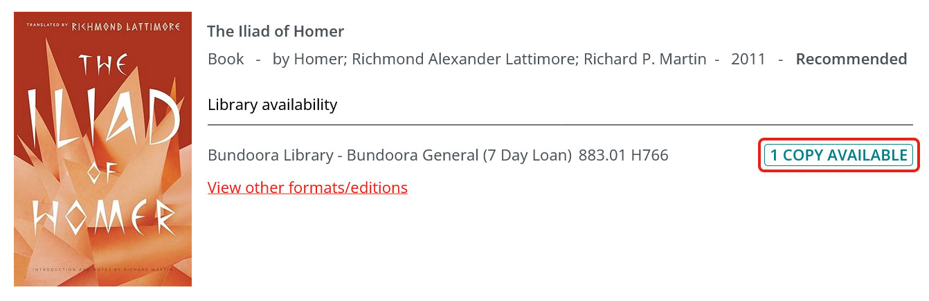 Link to Library collections site for an item in a reading list