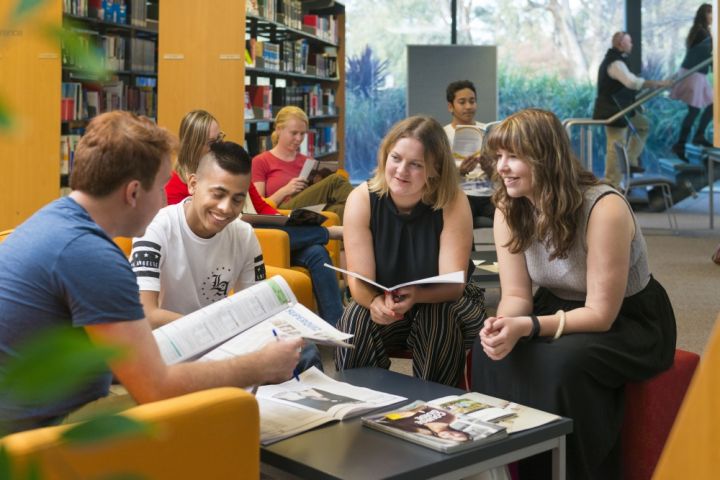 Group of students socialising and studying in the David Mann Library