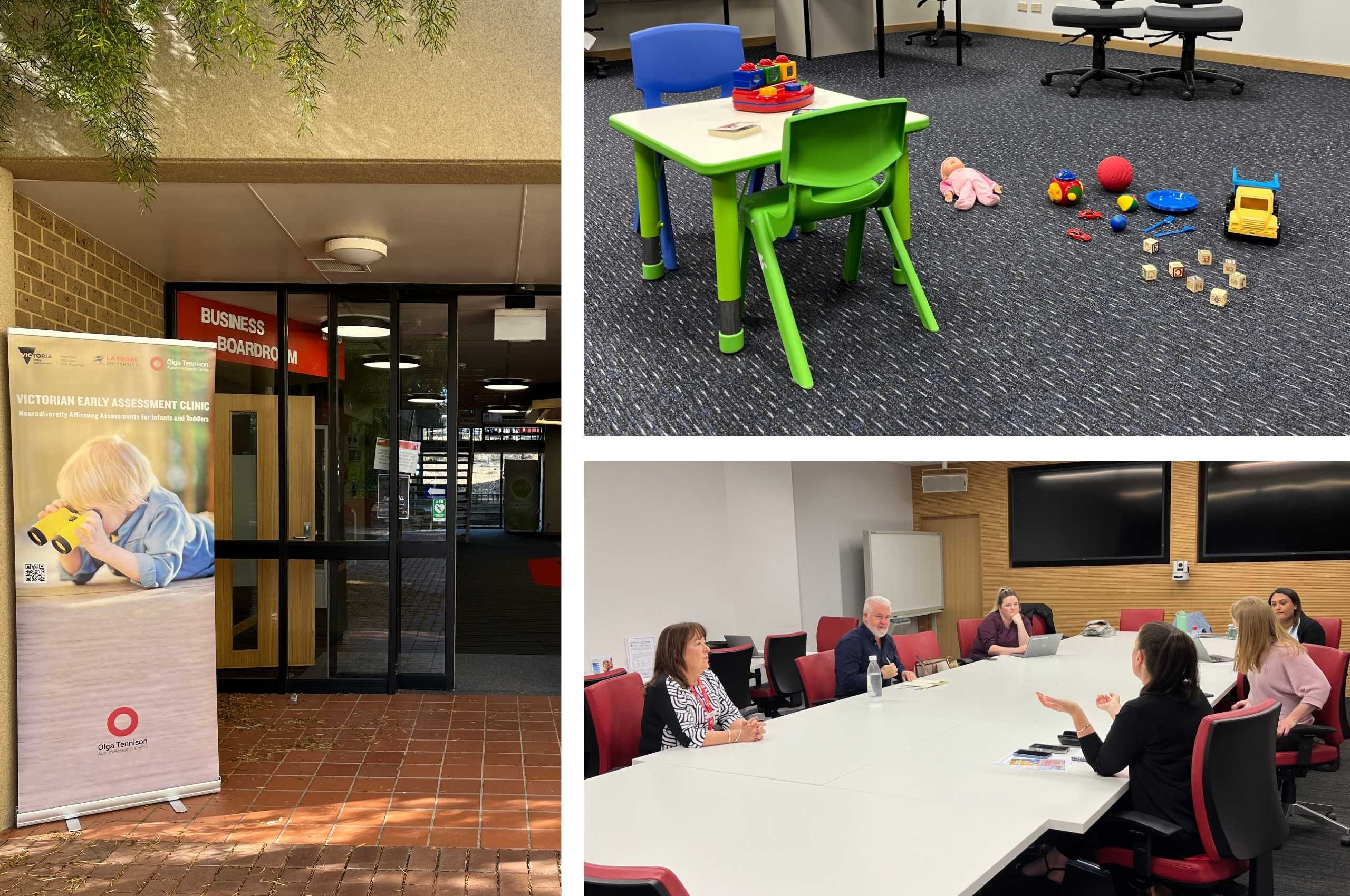 A collage of photos depicting a visiting autism clinic in a regional town