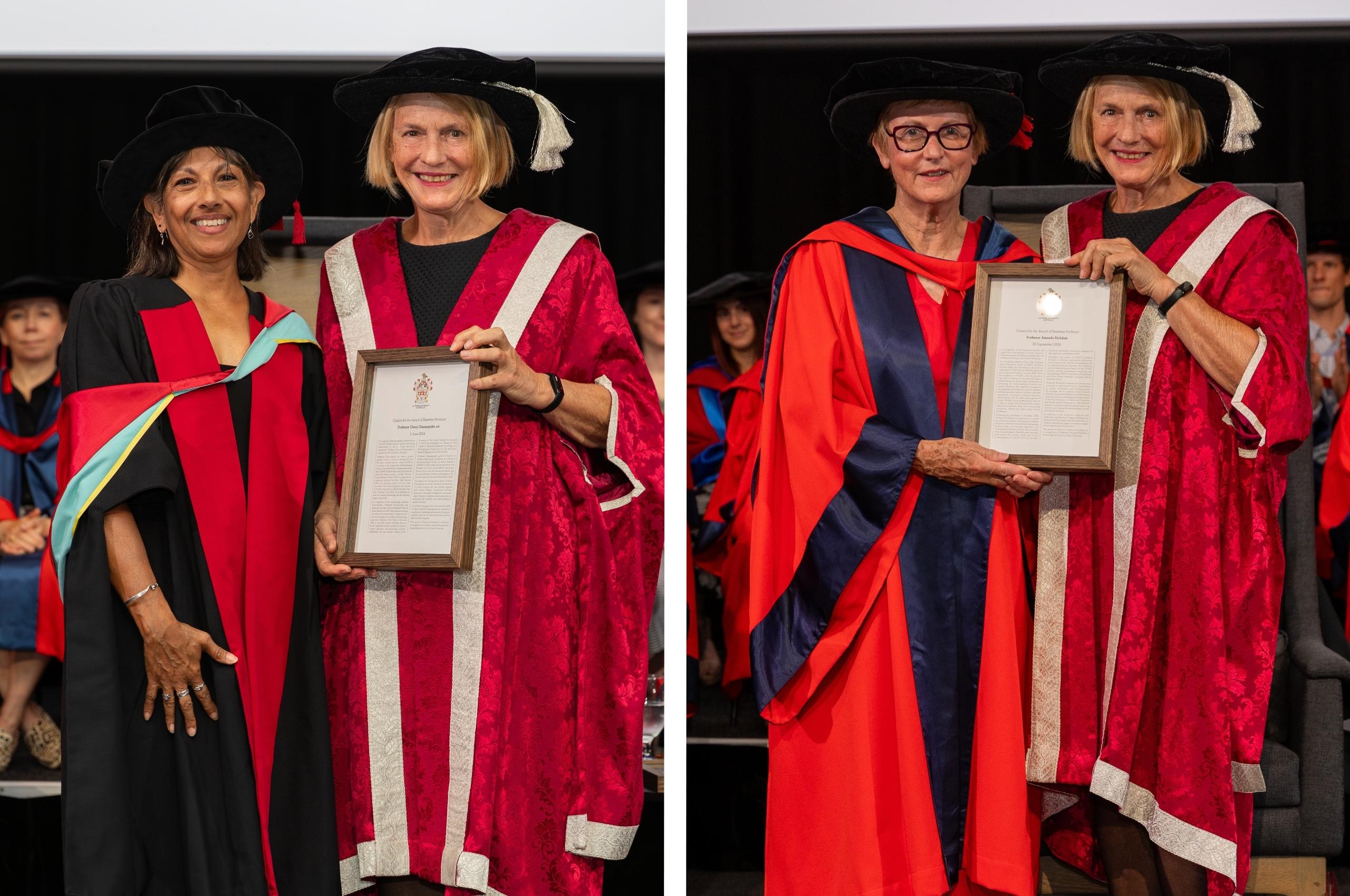 Two Emeritus Professors in caps and gowns joyfully display their certificates, marking a significant milestone in their academic journey